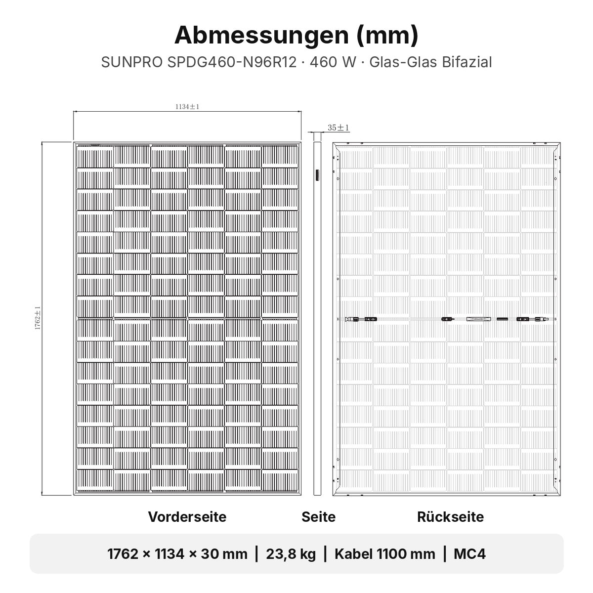 Abmessungen SUNPRO SPDG460-N96R12: 1762 x 1134 x 30 mm