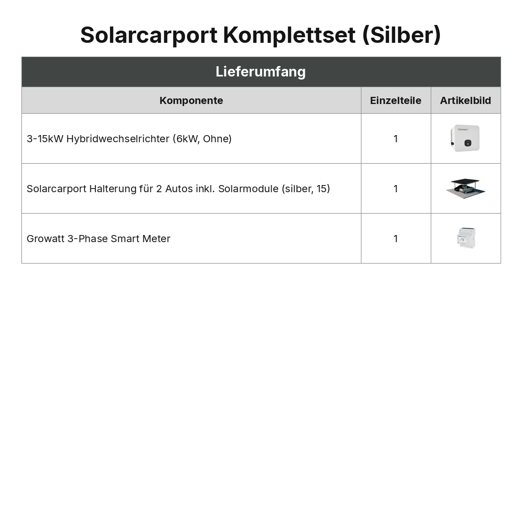 Lieferumfang Solarcarport Komplettset (Silber)