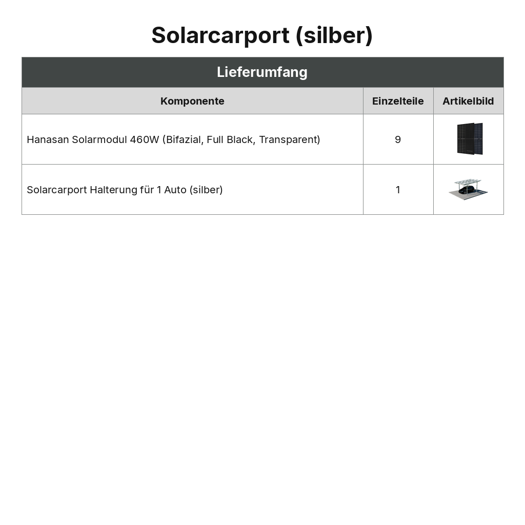 Lieferumfang Solarcarport (silber)