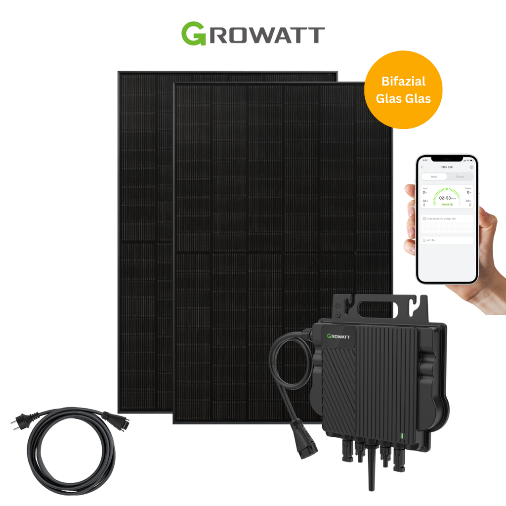 Balkonkraftwerk Growatt | 2 Solarmodule | 800W Wechselrichter | optional Batterie & Halterung