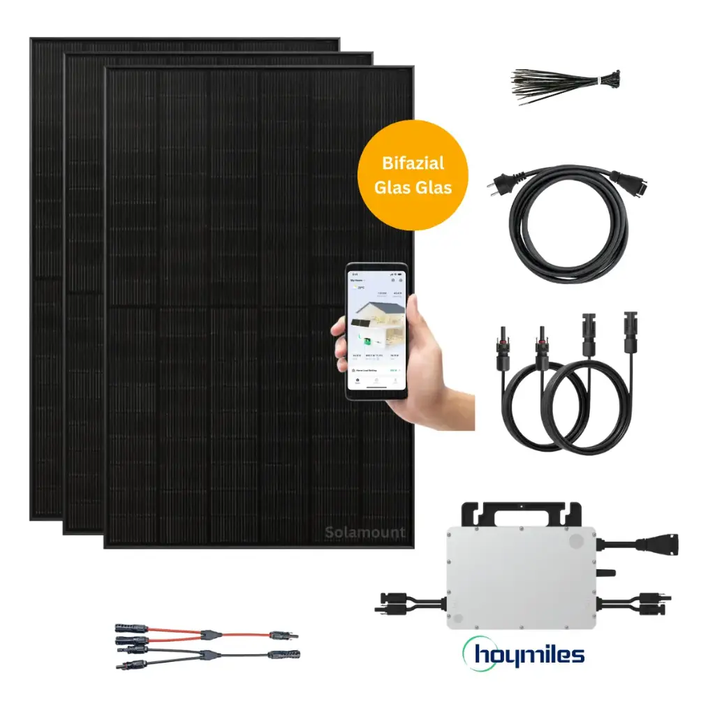Balkonkraftwerk Hoymiles | 3 Solarmodule | 800W Wechselrichter | optional Batterie + Halterung
