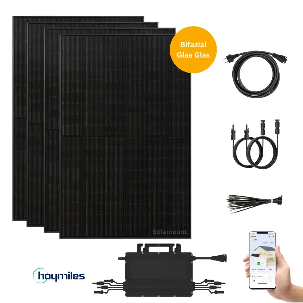 Balkonkraftwerk Hoymiles | 4 Solarmodule | 1600W Wechselrichter inkl.  DTU-Wlite-S | Auf 800W drosselbar | optional Batterie + Halterung