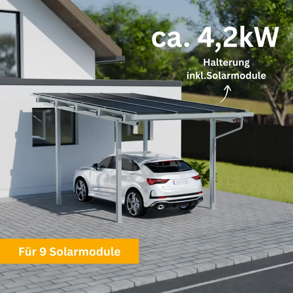[220575] Solarcarport Komplettset für 1 Auto inkl. 9 Solarmodule & 4 kW Growatt Wechselrichter | Optional: Speicher, Wallbox & DC-ÜSS | Solamount (Silber, ohne Batterie, ohne Wallbox, ohne DC-Überspannungsschutz)