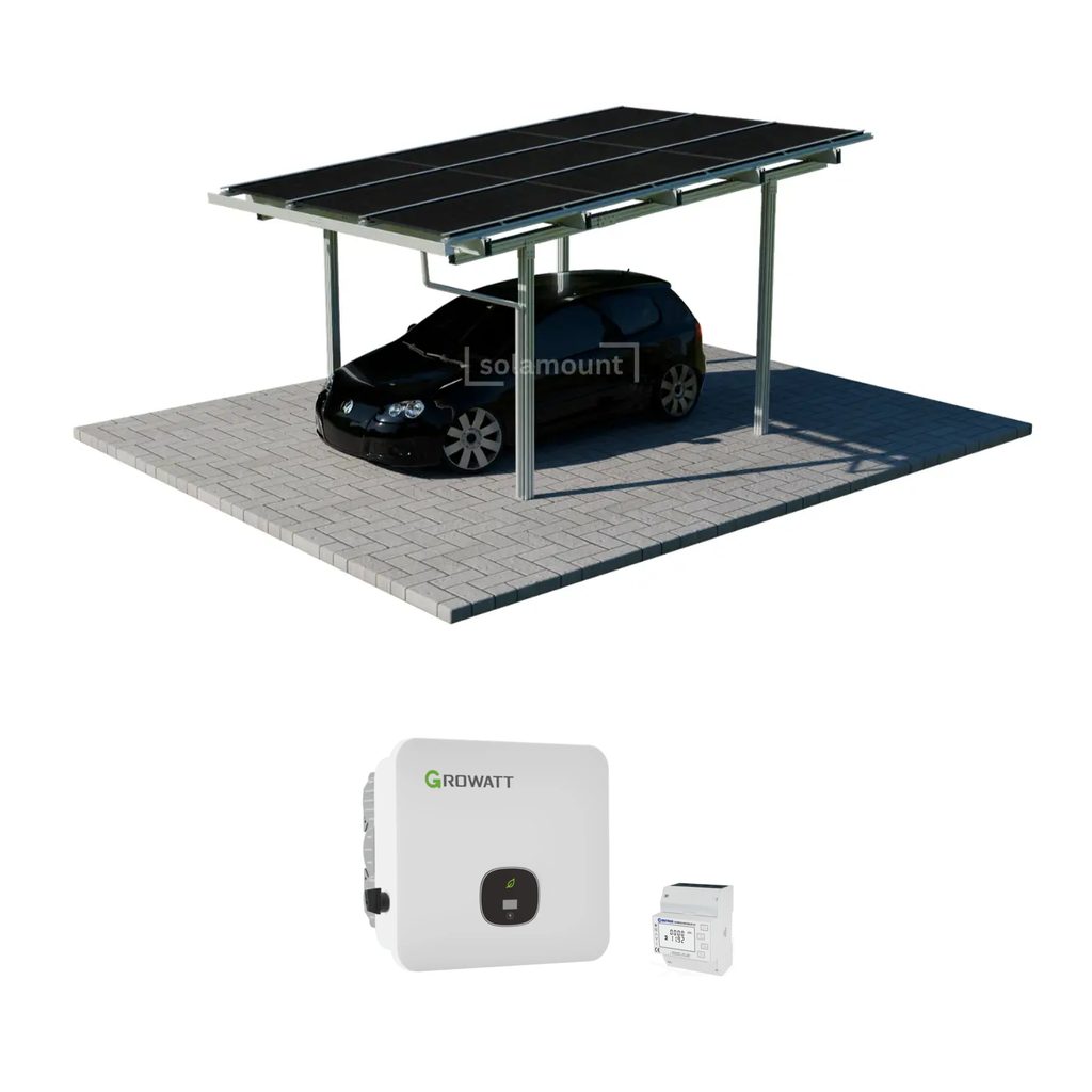 [220575] Solarcarport Komplettset für 1 Auto inkl. 9 Solarmodule & 4 kW Growatt Wechselrichter | Optional: Speicher, Wallbox & DC-ÜSS | Solamount (Silber, ohne Batterie, ohne Wallbox, ohne DC-Überspannungsschutz)