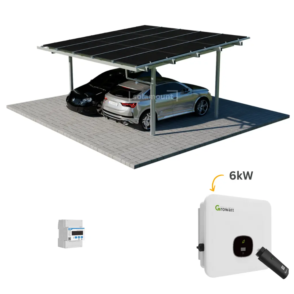 [220630] Solarcarport Komplettset für 2 Autos inkl. 15 Solarmodule & 6 kW Growatt Wechselrichter | Optional: Speicher, Wallbox & DC-ÜSS | Solamount (Silber, ohne Batterie, ohne Wallbox, ohne DC-Überspannungsschutz)