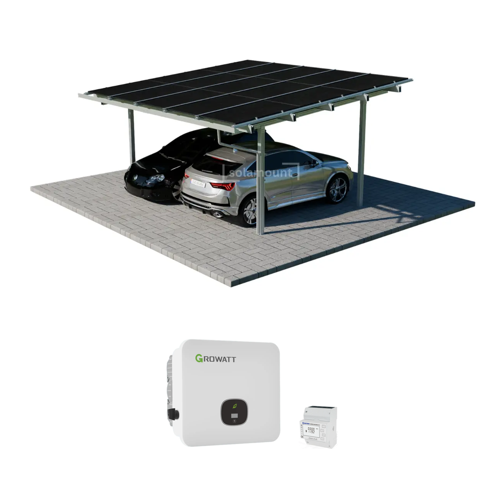 [220630] Solarcarport Komplettset für 2 Autos inkl. 15 Solarmodule & 6 kW Growatt Wechselrichter | Optional: Speicher, Wallbox & DC-ÜSS | Solamount (Silber, ohne Batterie, ohne Wallbox, ohne DC-Überspannungsschutz)