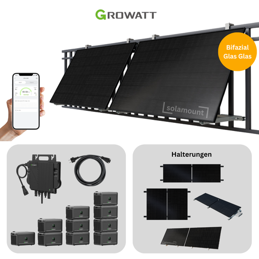 Balkonkraftwerk Growatt | 2 Solarmodule | 800W Wechselrichter | optional Batterie & Halterung