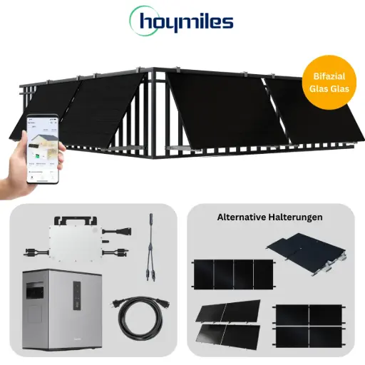 Balkonkraftwerk Hoymiles | 4 Solarmodule | 800W Wechselrichter | optional Batterie + Halterung