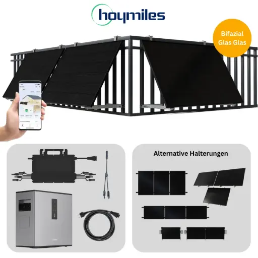 Balkonkraftwerk Hoymiles | 3 Solarmodule | 1600W Wechselrichter inkl.  DTU-Wlite-S | Auf 800W drosselbar | optional Batterie + Halterung