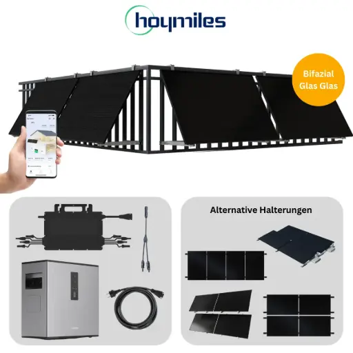 Balkonkraftwerk Hoymiles | 4 Solarmodule | 1600W Wechselrichter inkl.  DTU-Wlite-S | Auf 800W drosselbar | optional Batterie + Halterung